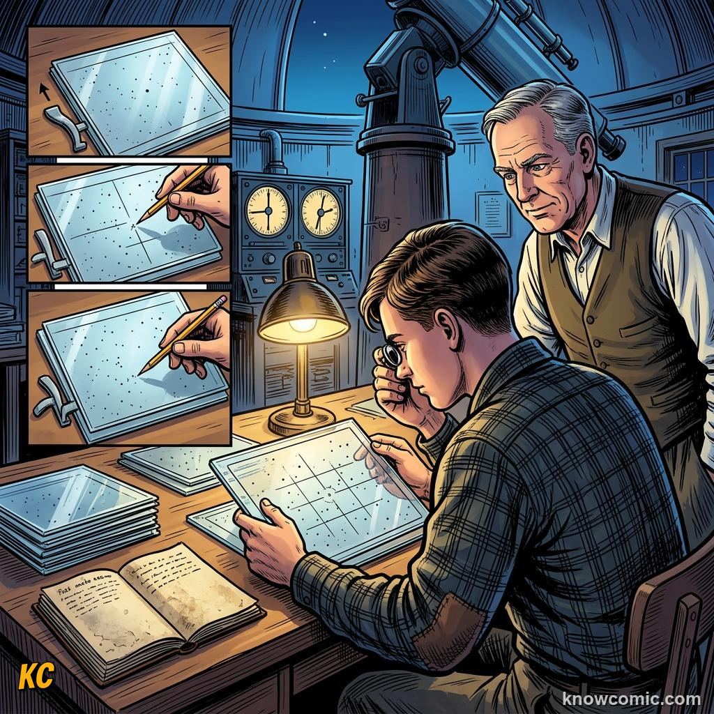 Comic panel about how we discovered the outer planets: Clyde Tombaugh'S Patience, 2006, educational kids illustration