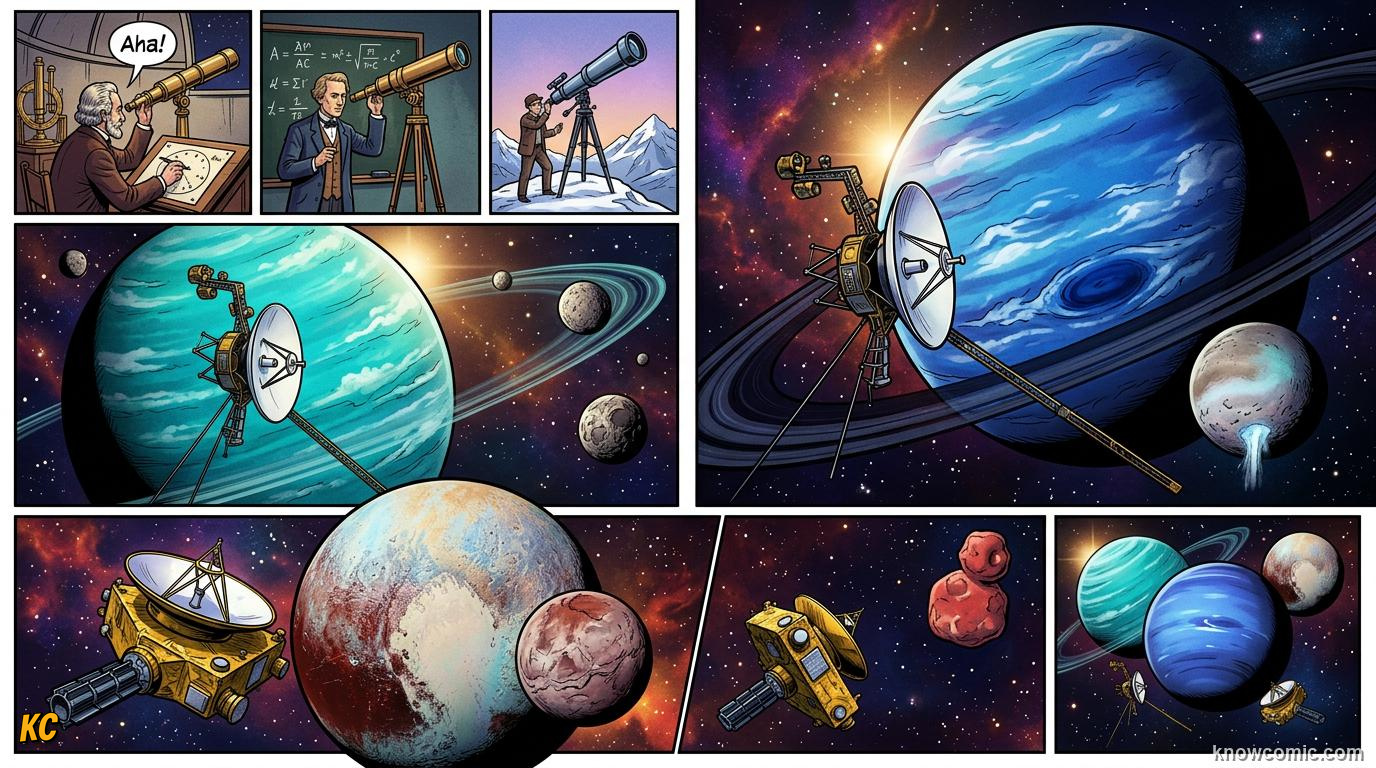 Comic panel about how we discovered the outer planets: Wrap Up, educational kids illustration
