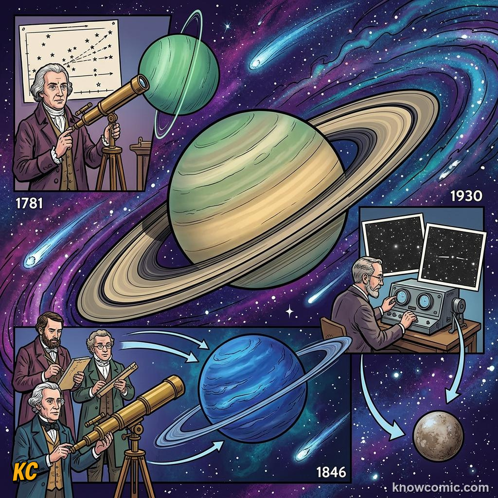 Comic panel about how we discovered the outer planets: How We Mapped The Edge, Tools, educational kids illustration