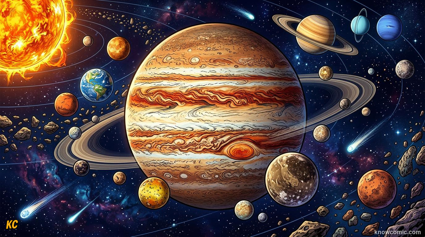Comic panel about jupiter: giant of the solar system: Massive, educational kids illustration