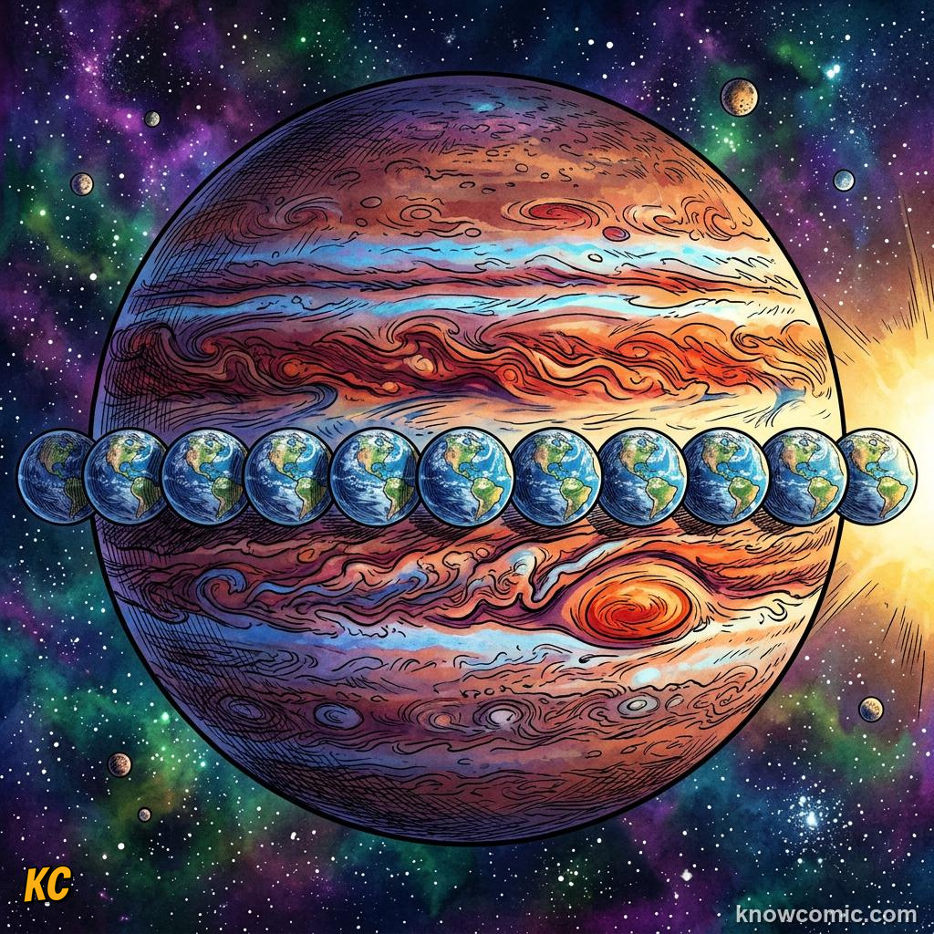 Comic panel about jupiter: giant of the solar system: Jupiter Rules The System, Size, educational kids illustration
