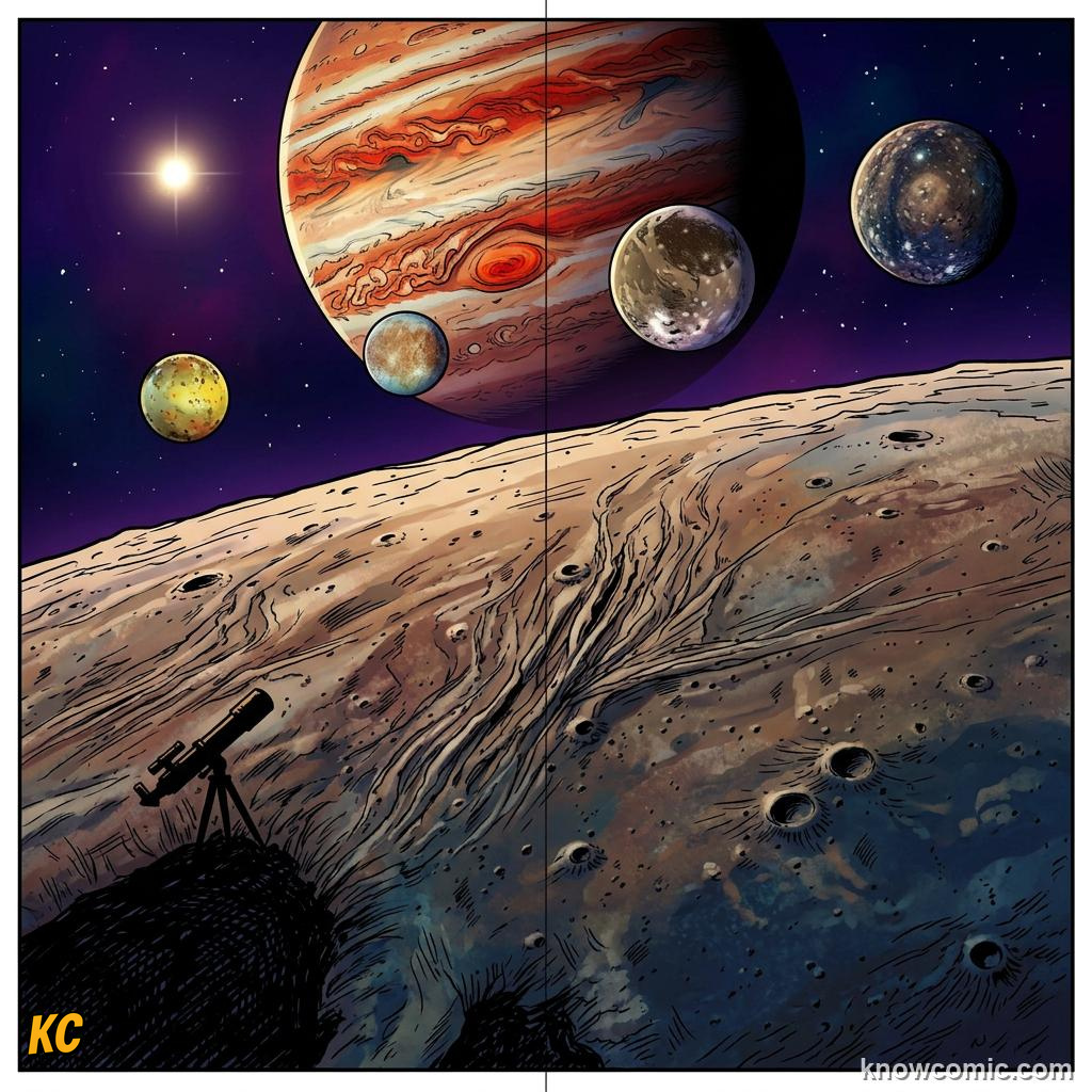 Comic panel about jupiter: giant of the solar system: Galileo, educational kids illustration
