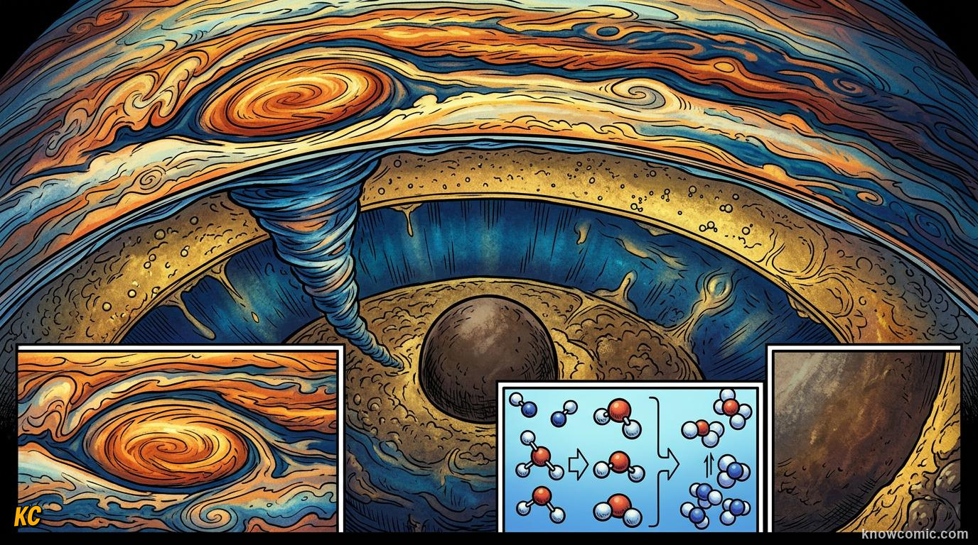 Comic panel about jupiter: giant of the solar system: No Ground, educational kids illustration