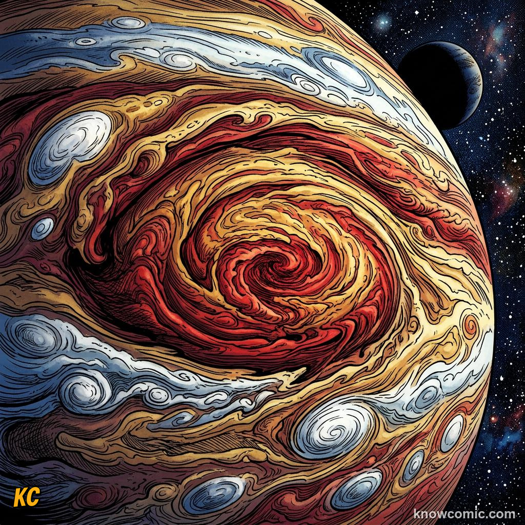 Comic panel about jupiter: giant of the solar system: Inside The Cloud King, Deep, educational kids illustration