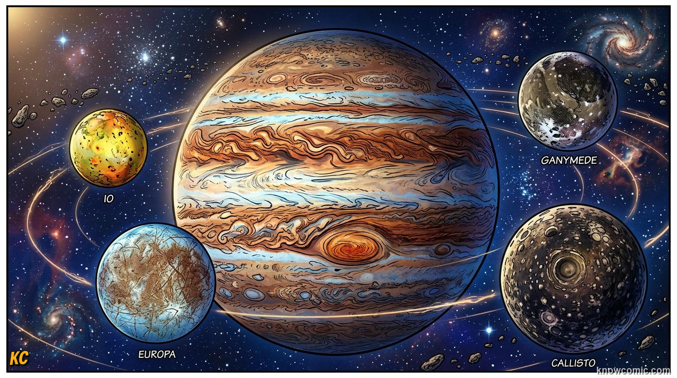 Comic panel about jupiter: giant of the solar system: Many Moons, educational kids illustration