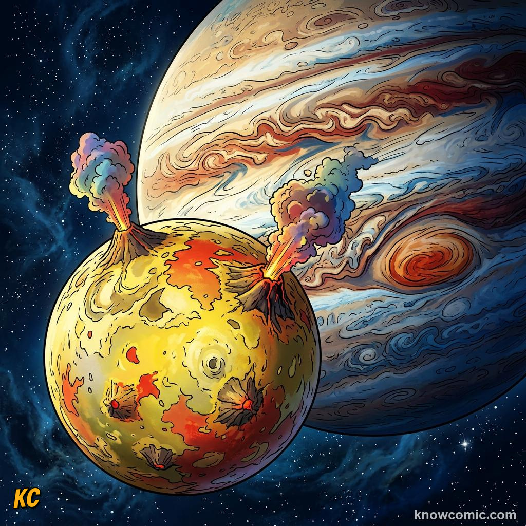 Comic panel about jupiter: giant of the solar system: Io, educational kids illustration