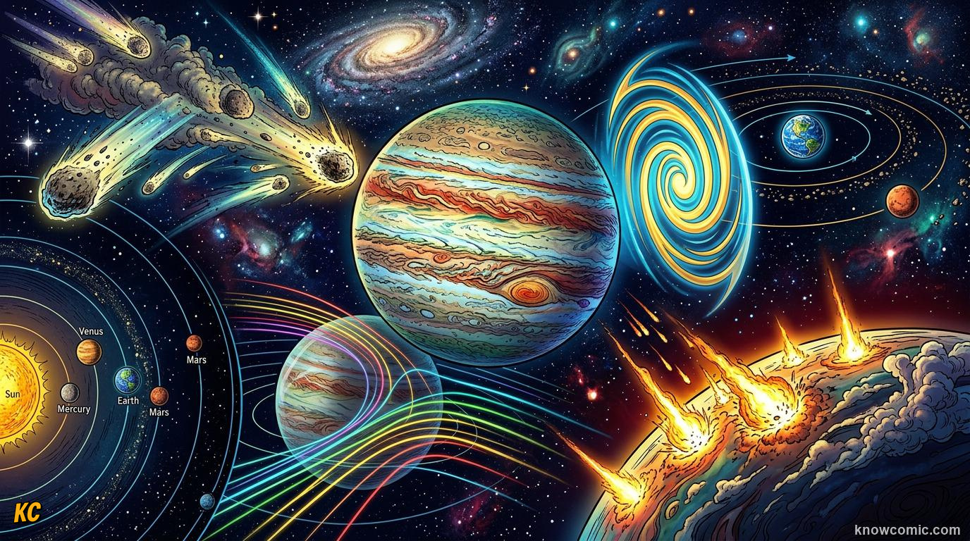 Comic panel about jupiter: giant of the solar system: A Mini Solar System, Guardian, educational kids illustration