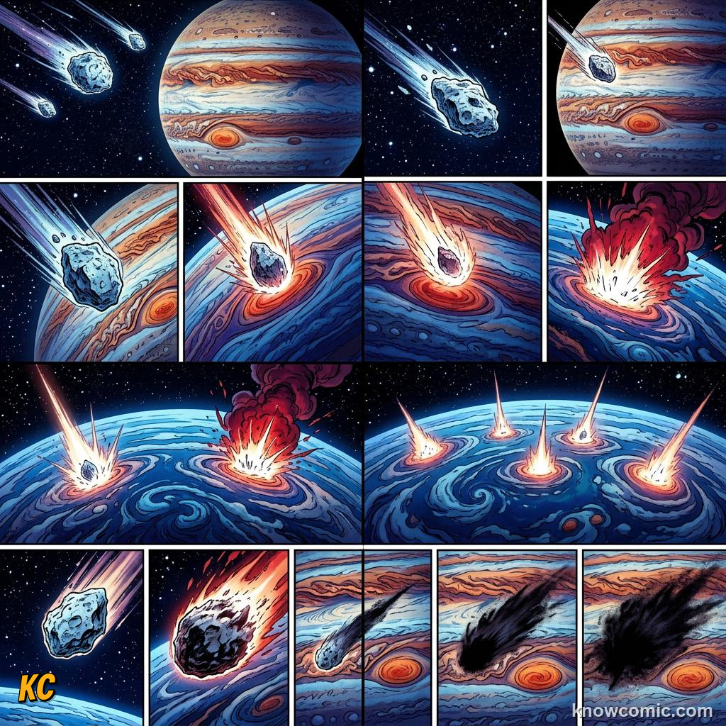 Comic panel about jupiter: giant of the solar system: Jupiter Takes The Hit, Comet, educational kids illustration