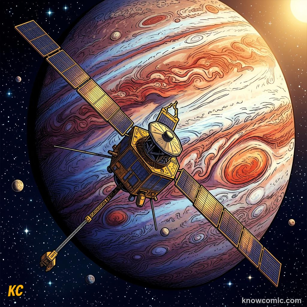 Comic panel about jupiter: giant of the solar system: Juno, educational kids illustration