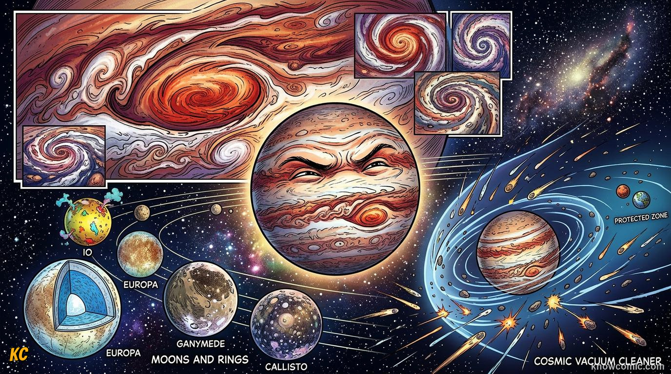 Comic panel about jupiter: giant of the solar system: Wrap Up, educational kids illustration