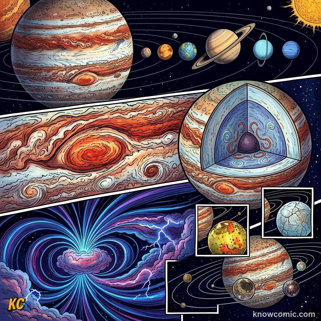 Comic panel about jupiter: giant of the solar system: The System'S Giant, Legacy, educational kids illustration