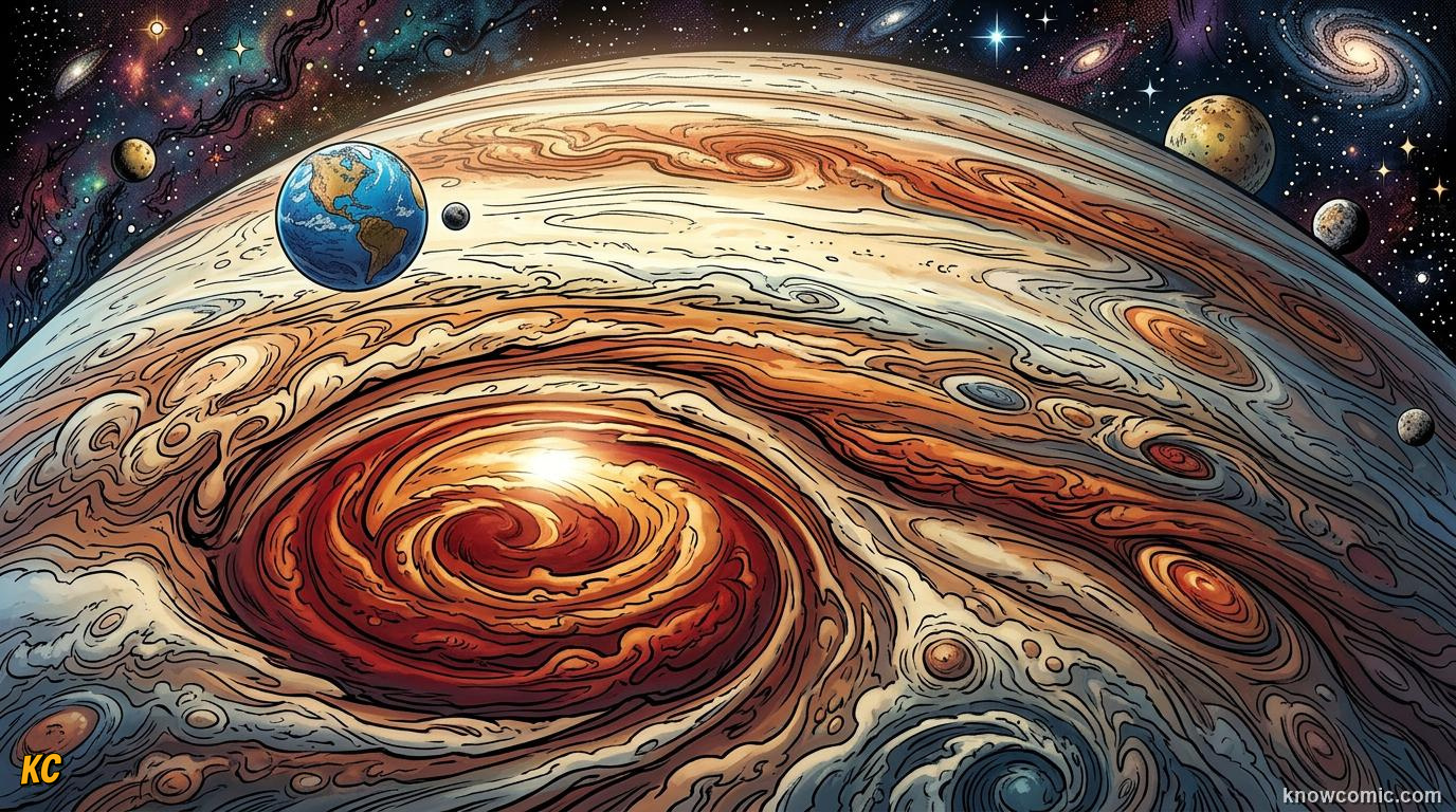 Comic panel about jupiter's great red spot: Red Eye, educational kids illustration
