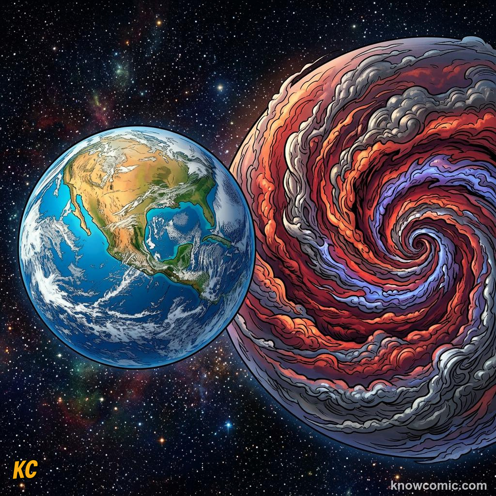 Comic panel about jupiter's great red spot: Size, educational kids illustration