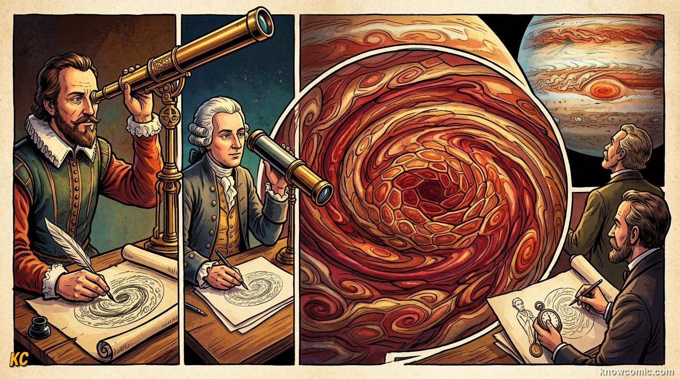 Comic panel about jupiter's great red spot: Long Life, educational kids illustration