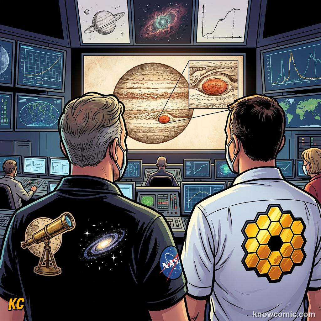 Comic panel about jupiter's great red spot: Hundreds Of Years Of Fury, Logs, educational kids illustration
