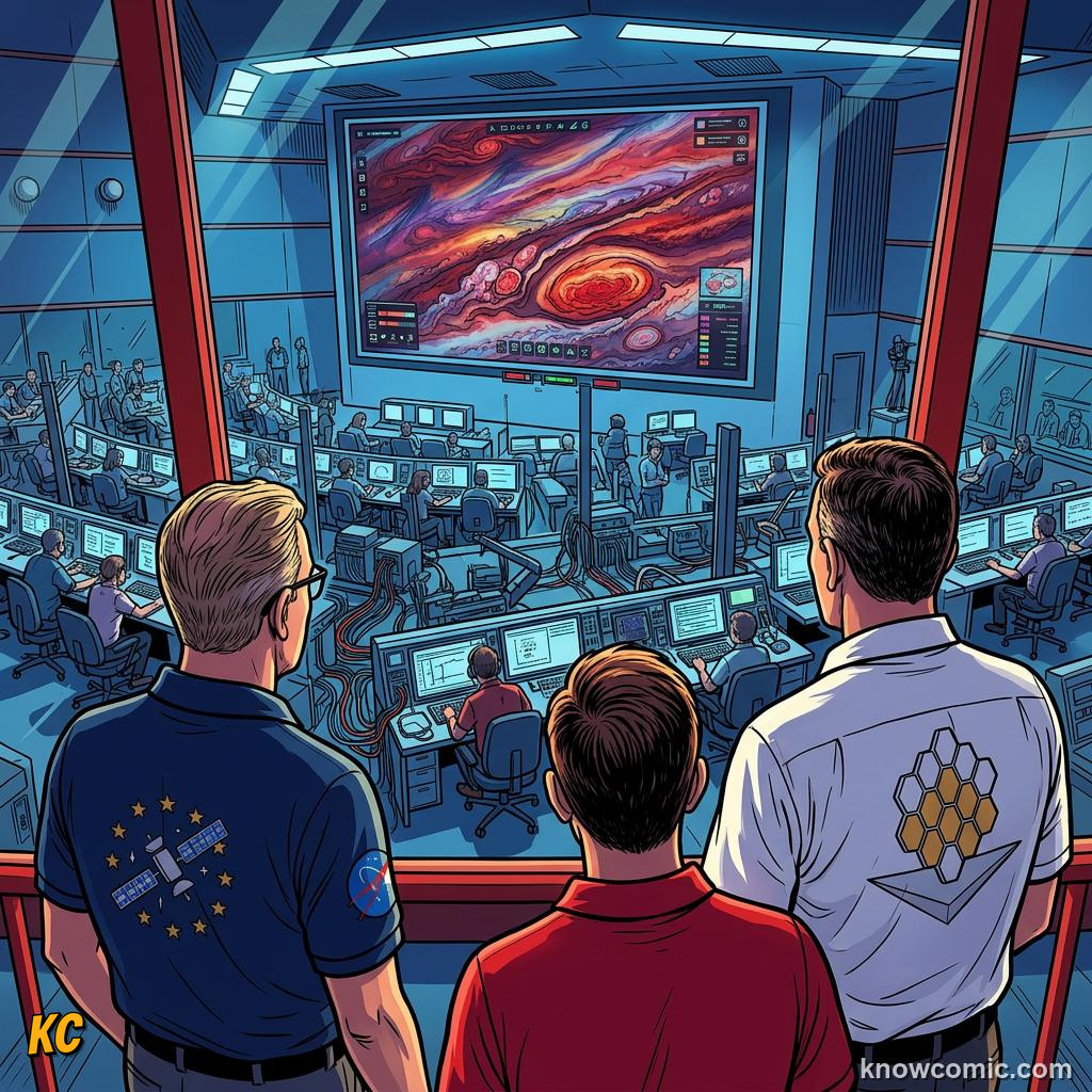 Comic panel about jupiter's great red spot: Clouds, educational kids illustration