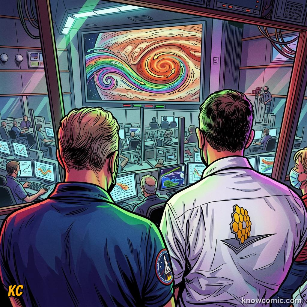 Comic panel about jupiter's great red spot: Bands, educational kids illustration