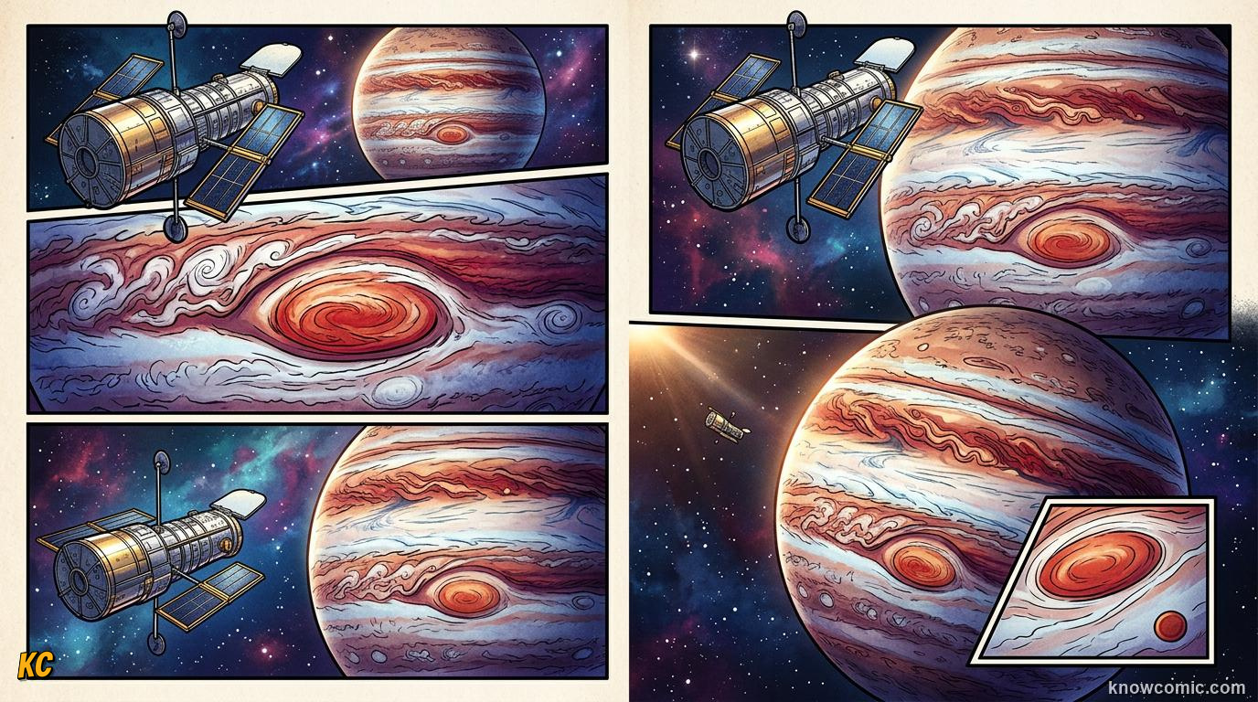 Comic panel about jupiter's great red spot: Chemistry In The Clouds, Changing, educational kids illustration