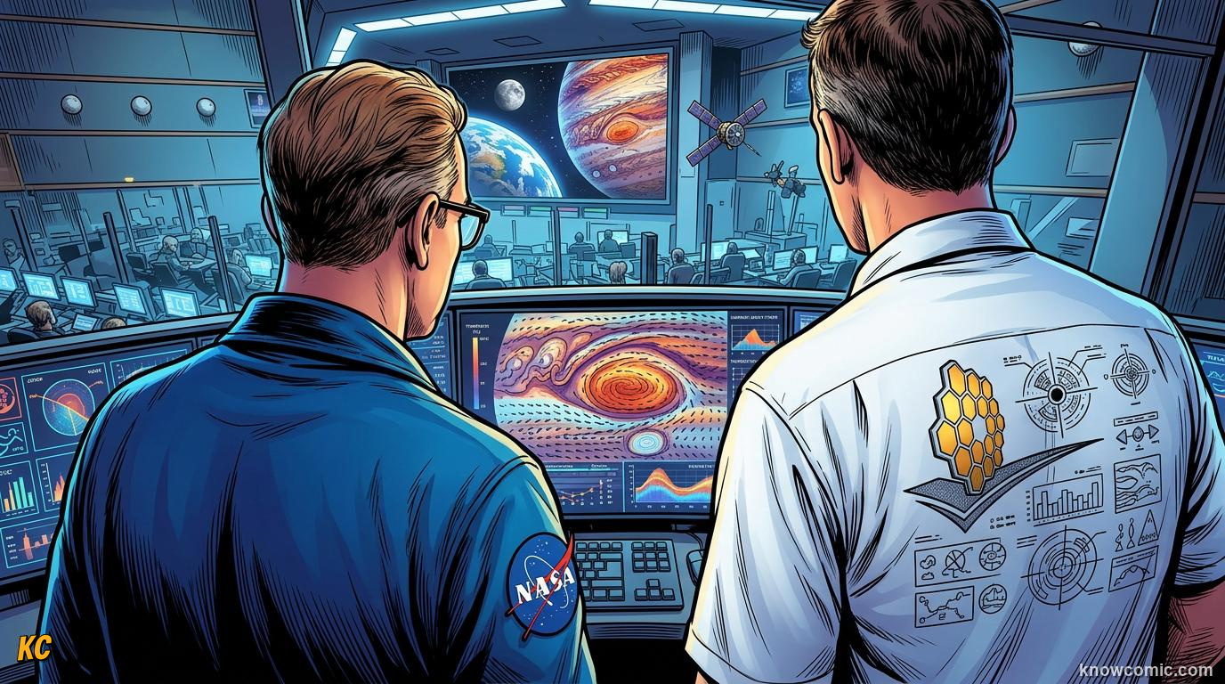 Comic panel about jupiter's great red spot: Wrap Up, educational kids illustration