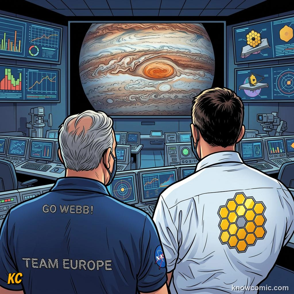 Comic panel about jupiter's great red spot: Jupiter'S Legendary Storm, Watch, educational kids illustration