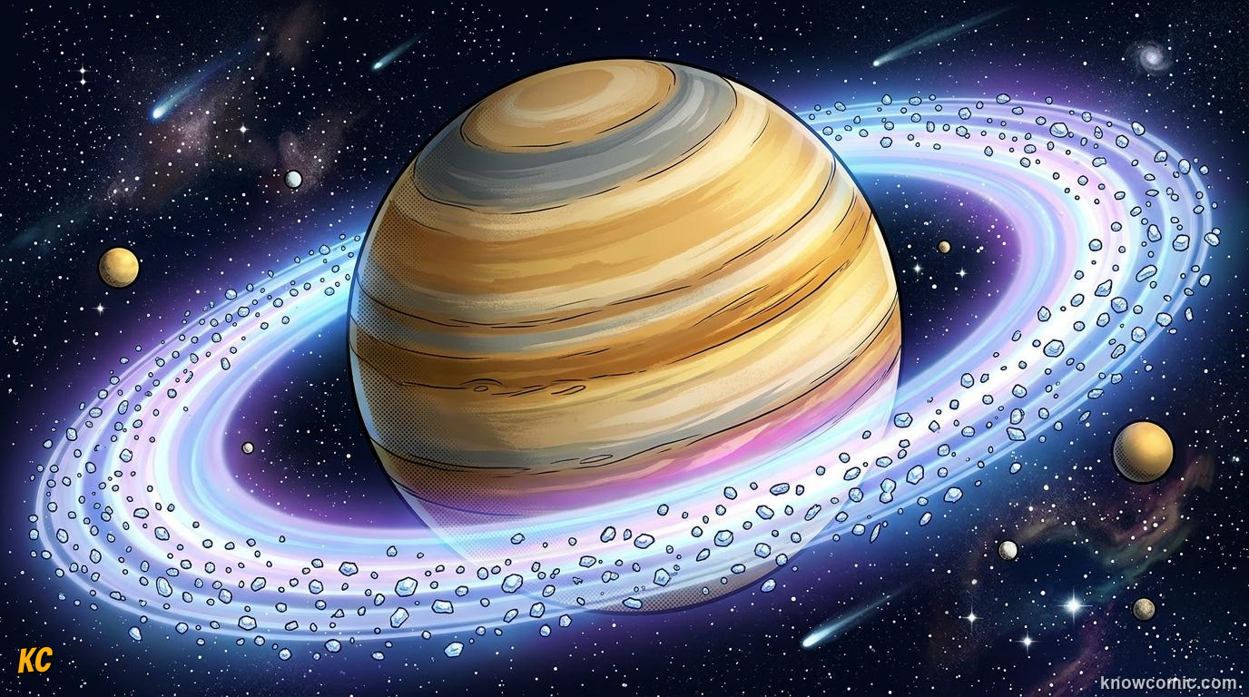Comic panel about saturn's rings: Iconic Rings, educational kids illustration