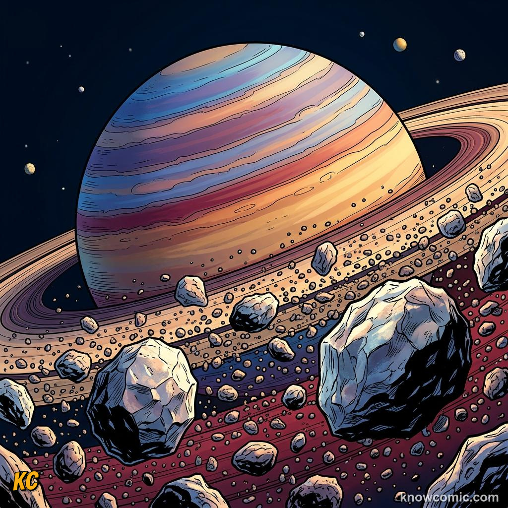 Comic panel about saturn's rings: Saturn'S Crown Of Ice, educational kids illustration