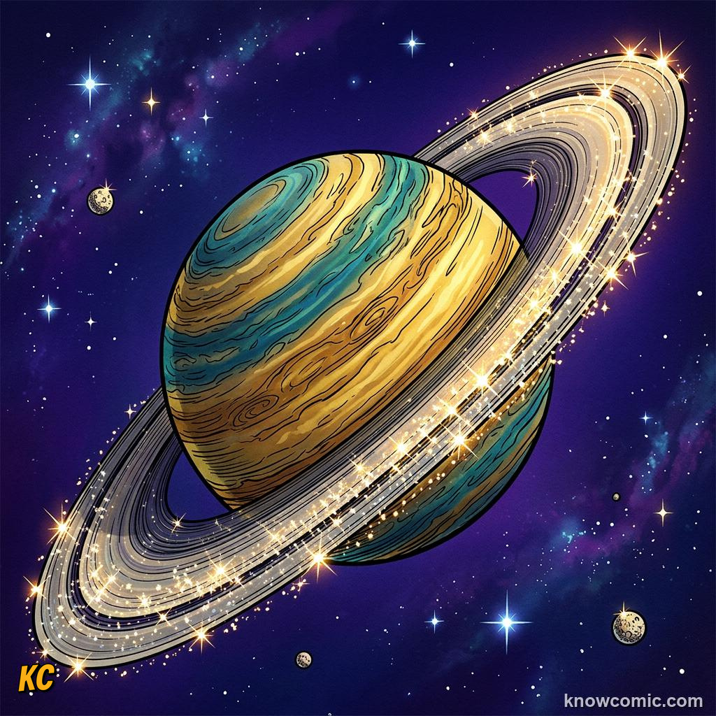 Comic panel about saturn's rings: Orbits, educational kids illustration