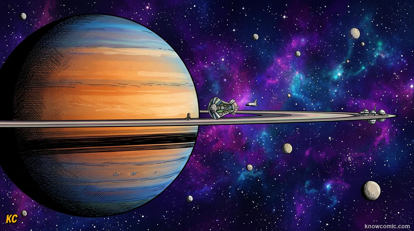 Comic panel about saturn's rings: Paper Thin, educational kids illustration