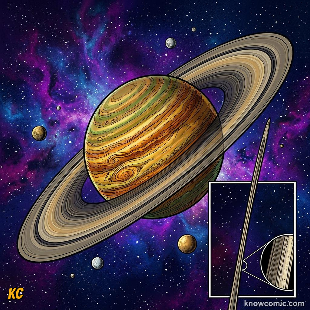 Comic panel about saturn's rings: Size That Fools The Eye, Wide, educational kids illustration