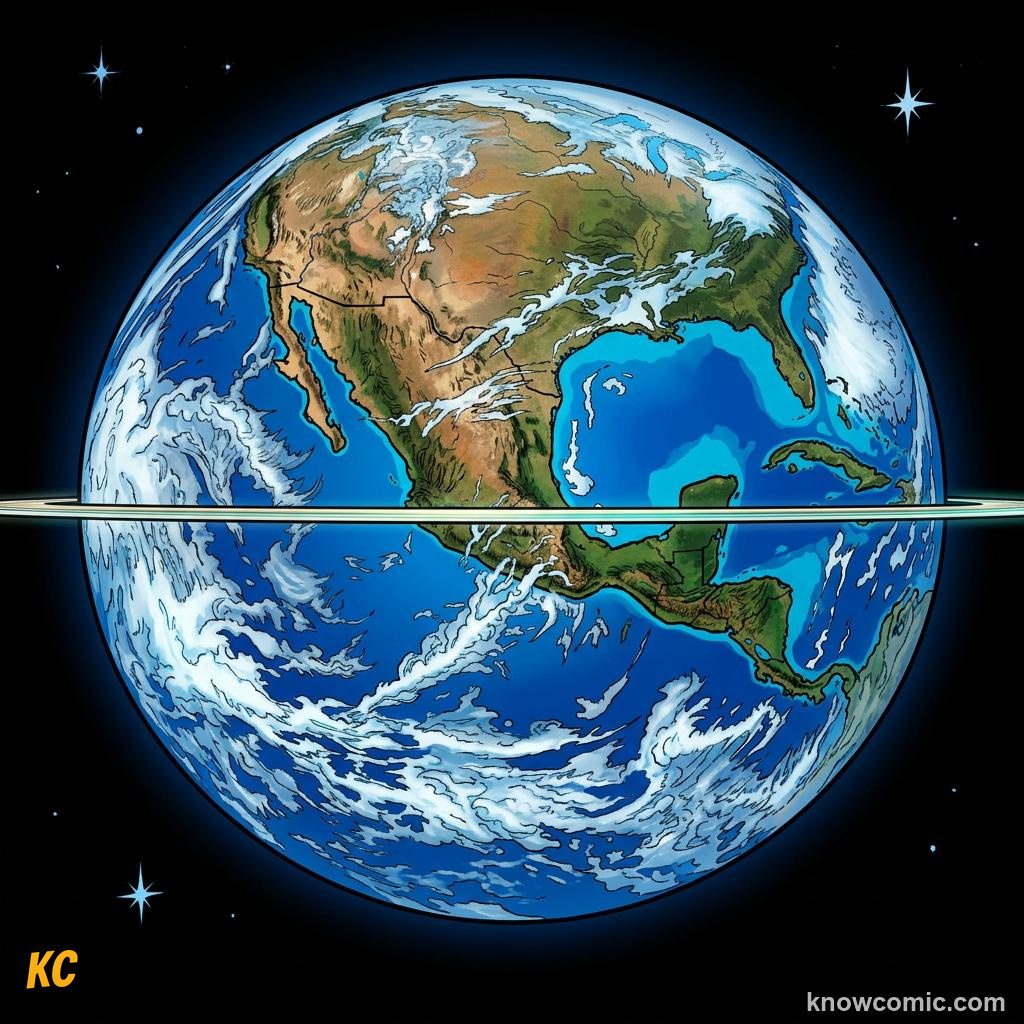 Comic panel about saturn's rings: Size That Fools The Eye, Edge, educational kids illustration