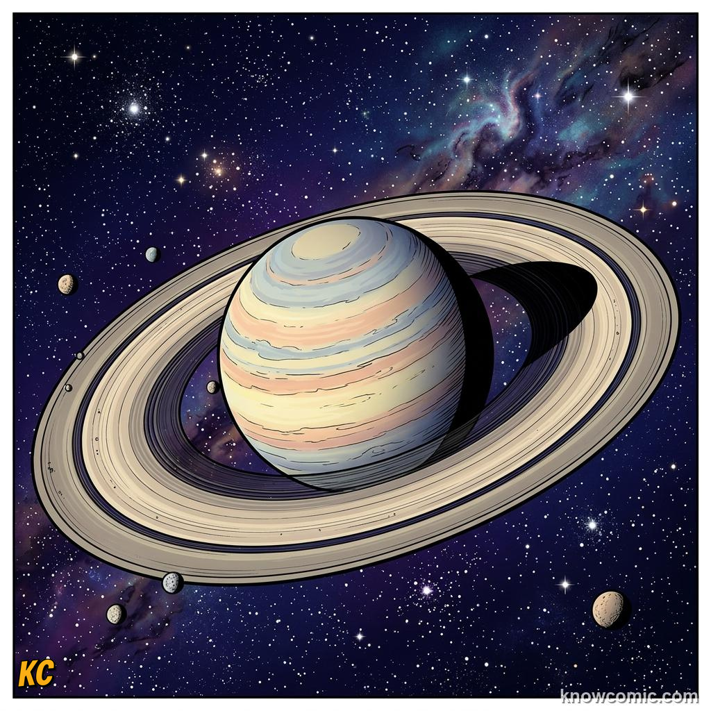 Comic panel about saturn's rings: Scale, educational kids illustration