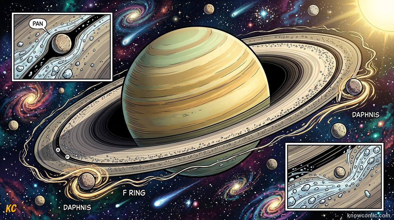 Comic panel about saturn's rings: Origin, educational kids illustration