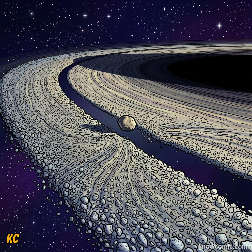 Comic panel about saturn's rings: Gaps, educational kids illustration