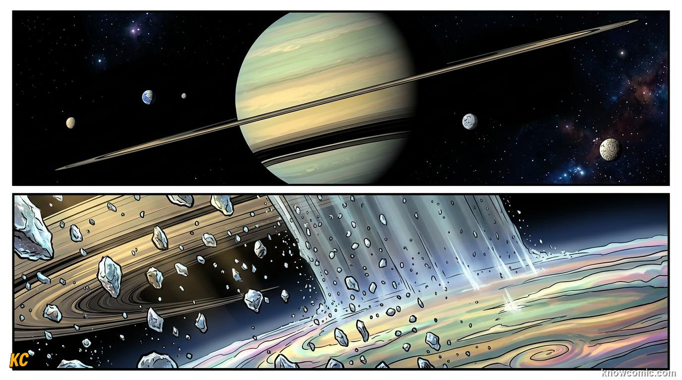 Comic panel about saturn's rings: Shattered Moons Or Left Overs, Two Stories, educational kids illustration