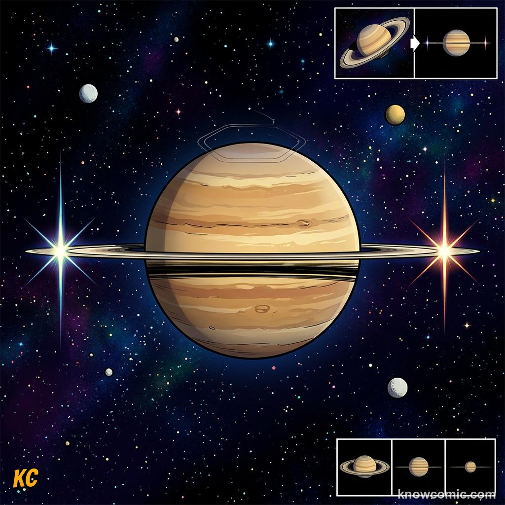 Comic panel about saturn's rings: Illusion And Slow Rain, Edge On, educational kids illustration