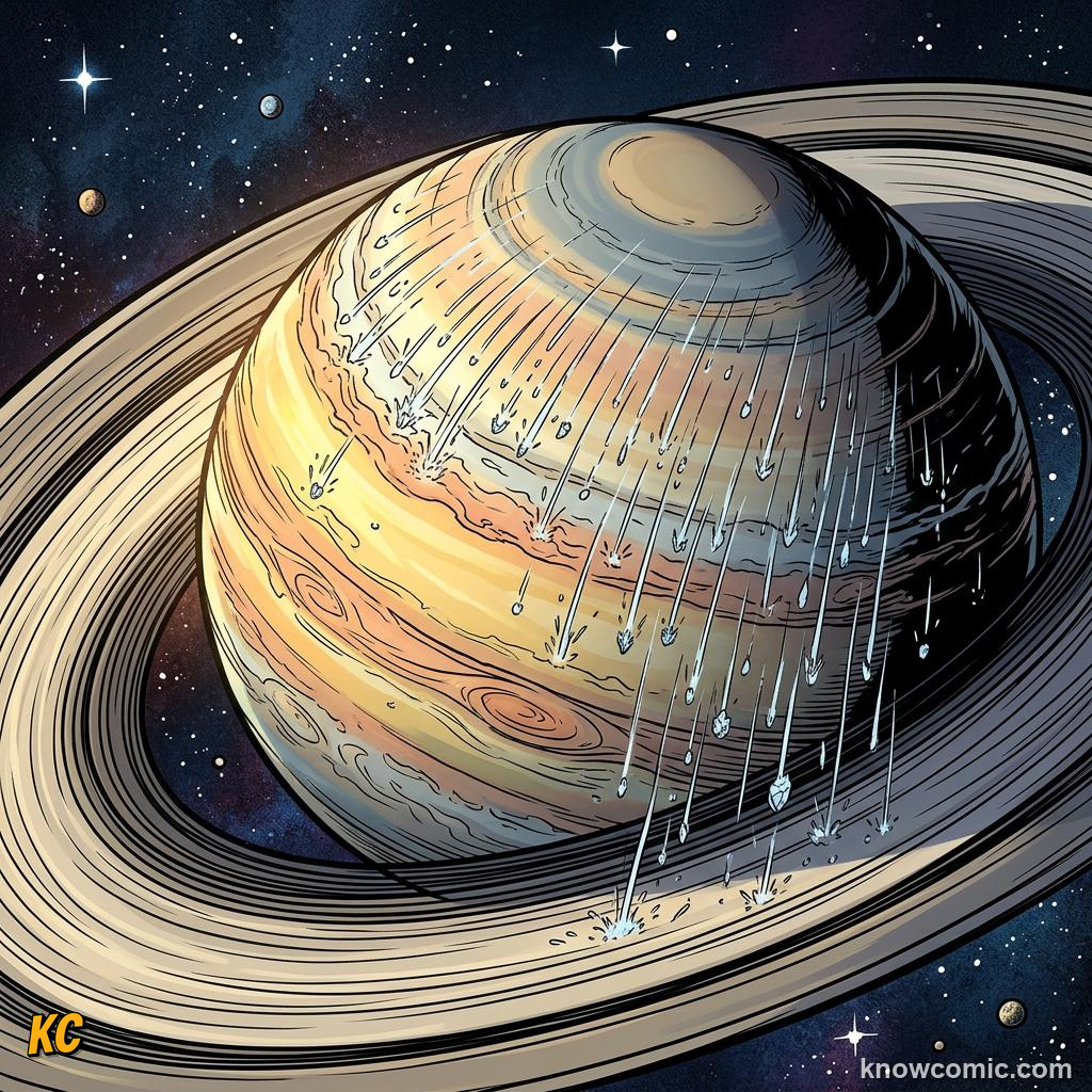 Comic panel about saturn's rings: Illusion And Slow Rain, Future, educational kids illustration