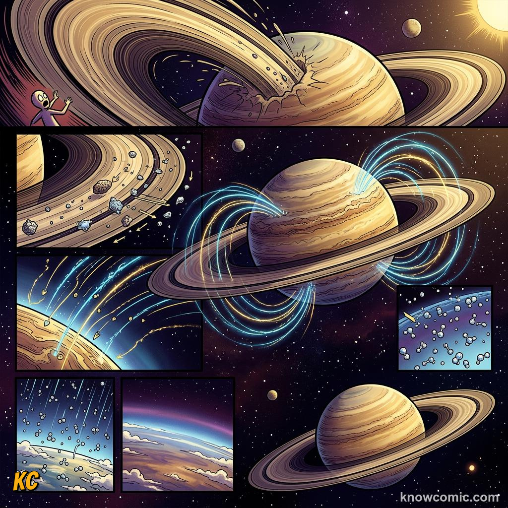Comic panel about saturn's rings: Headlines, educational kids illustration