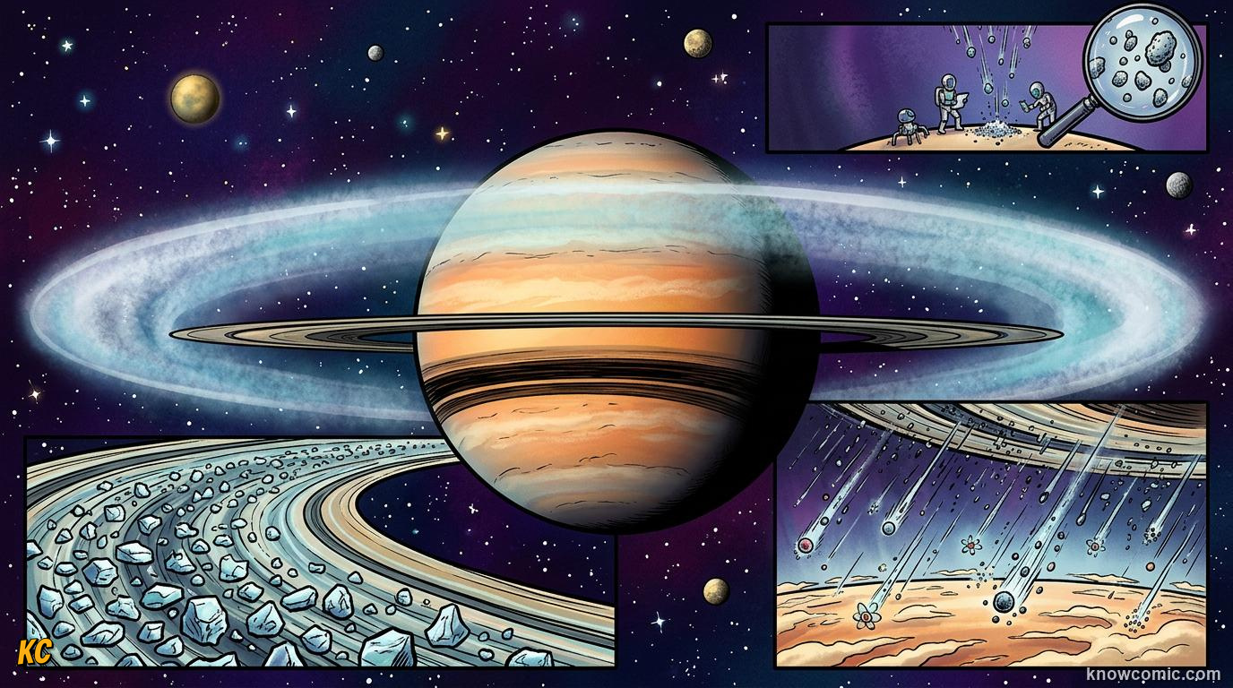 Comic panel about saturn's rings: Wrap Up, educational kids illustration