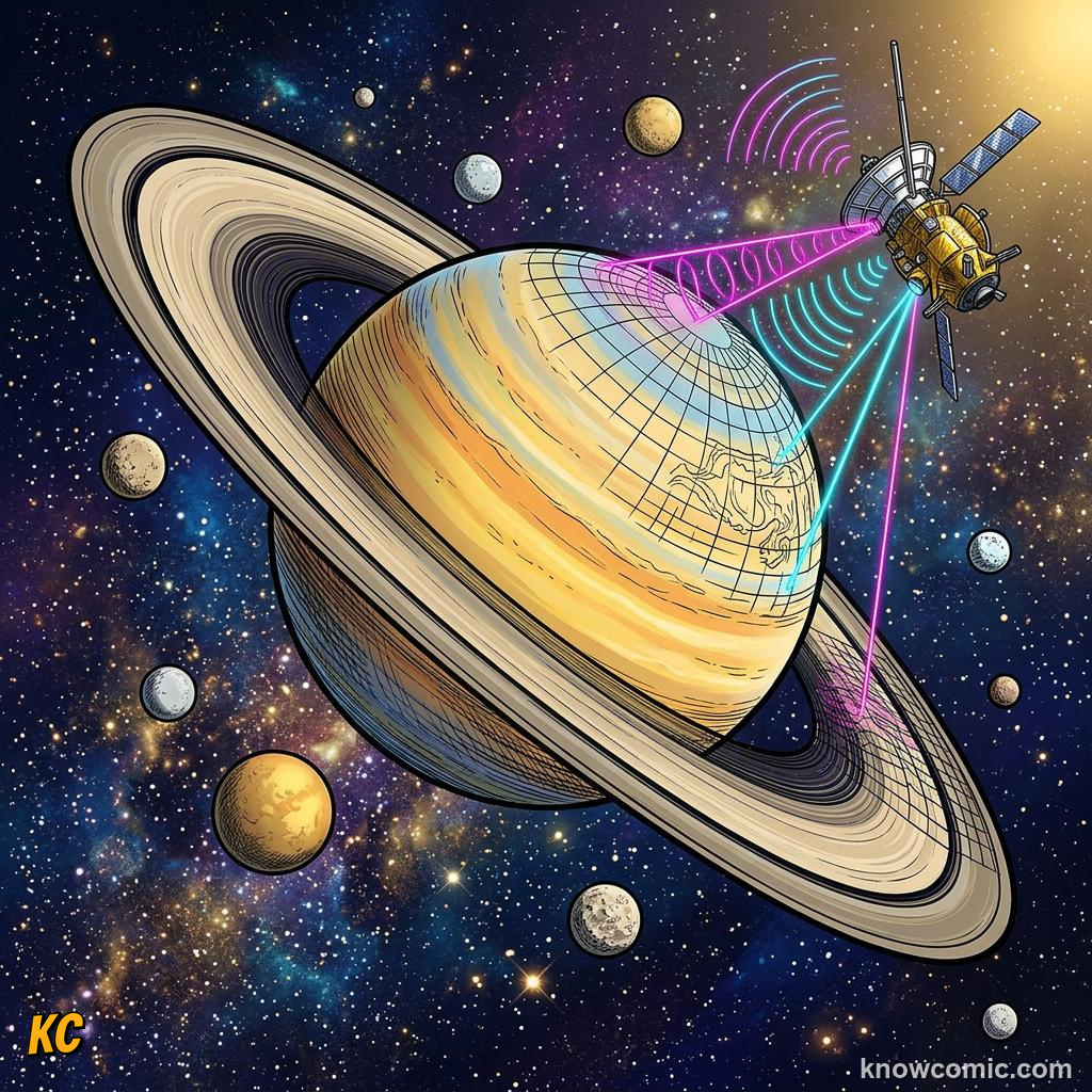 Comic panel about saturn's rings: Saturn'S Icy Halo, See Them, educational kids illustration
