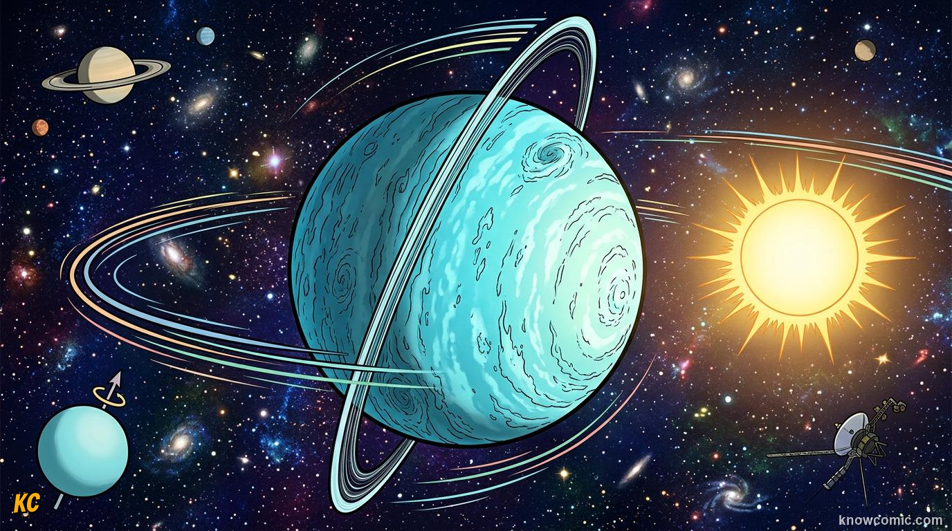 Comic panel about uranus: rolls on its side: 98 Degrees, educational kids illustration