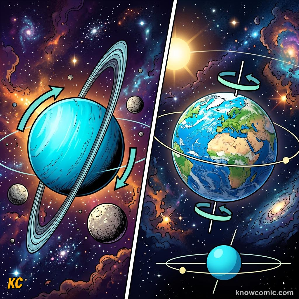 Comic panel about uranus: rolls on its side: Uranus Rolls On Its Side, Axis, educational kids illustration