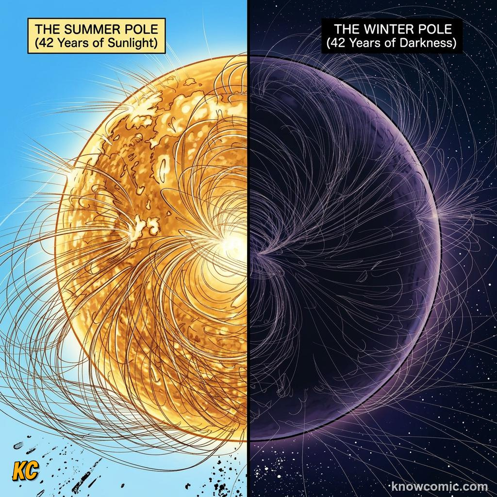 Comic panel about uranus: rolls on its side: Years, educational kids illustration