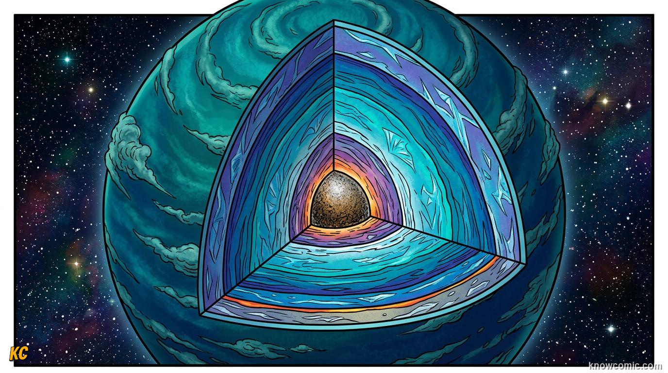 Comic panel about uranus: rolls on its side: Blue World, educational kids illustration