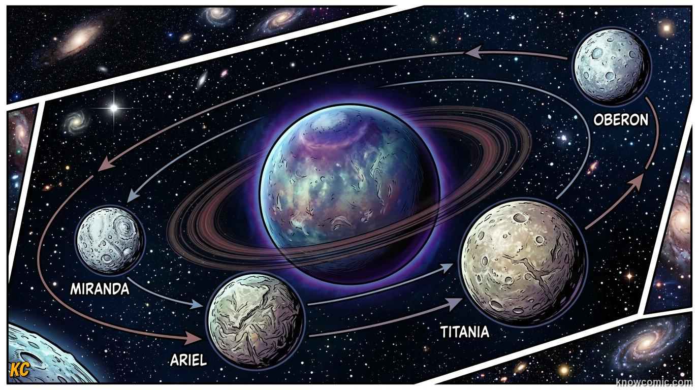 Comic panel about uranus: rolls on its side: Faint Halo, educational kids illustration