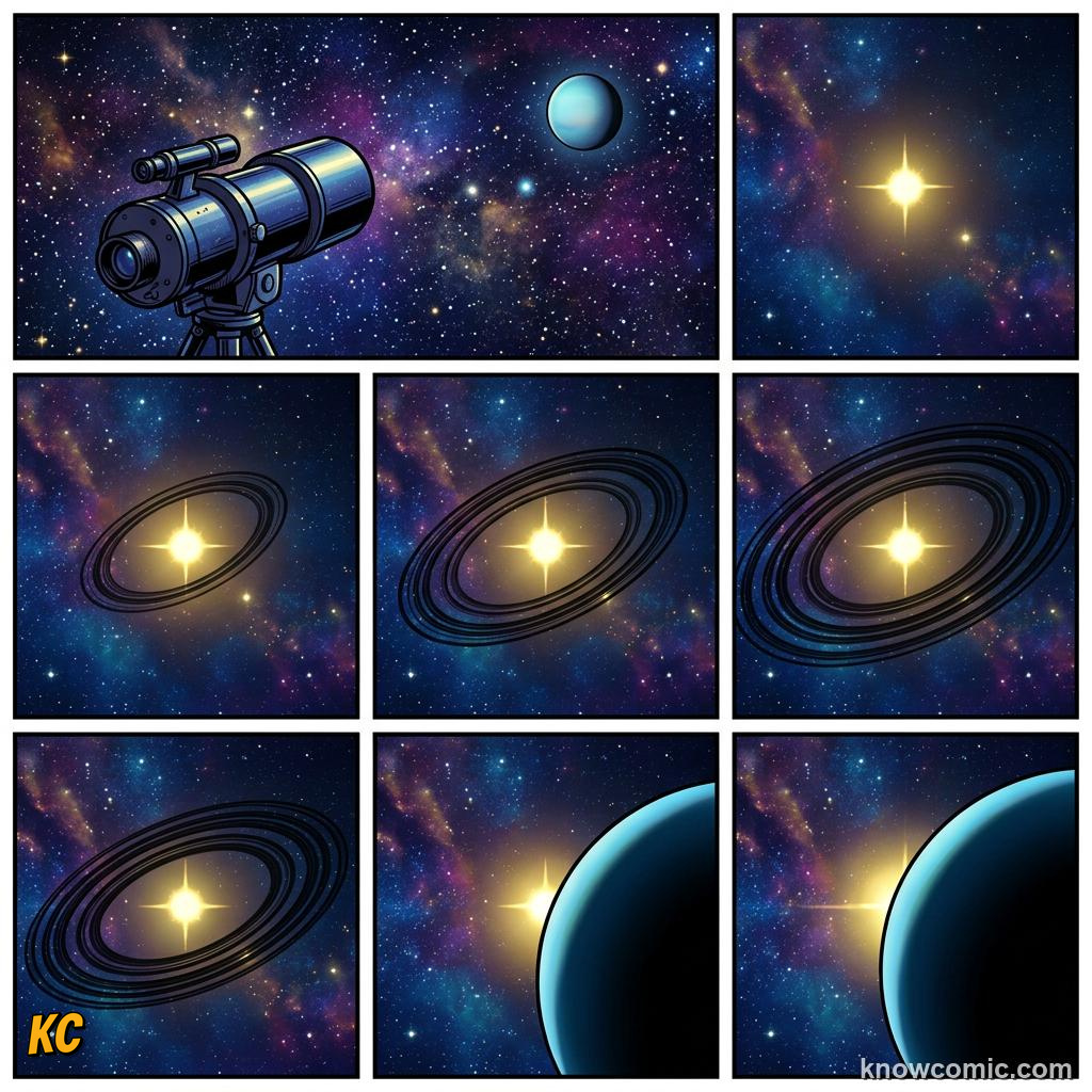 Comic panel about uranus: rolls on its side: Shakespeare, educational kids illustration