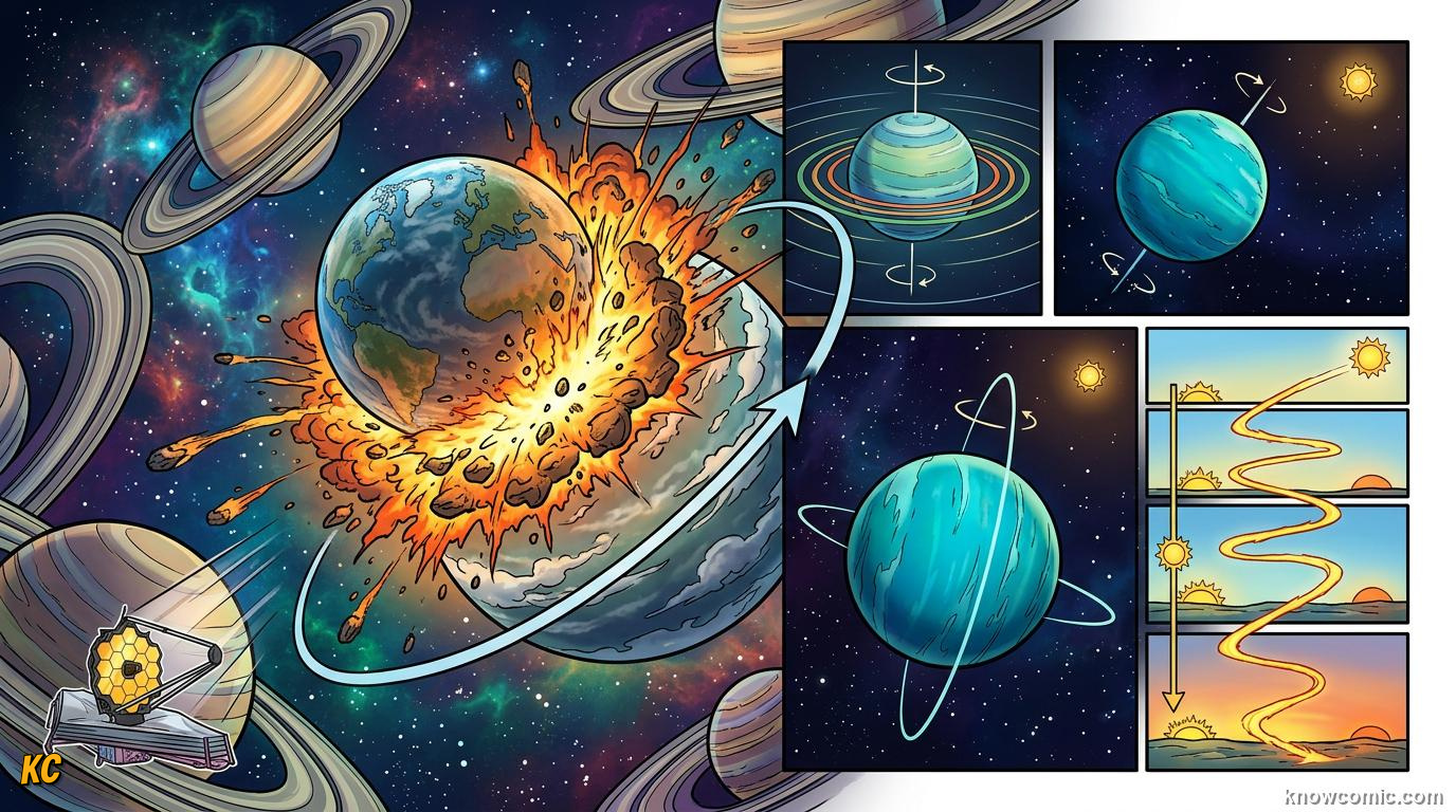 Comic panel about uranus: rolls on its side: Uranus Has Rings Too, What Happened?, educational kids illustration