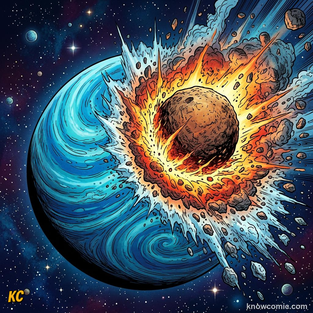 Comic panel about uranus: rolls on its side: A Giant Crash Maybe, educational kids illustration