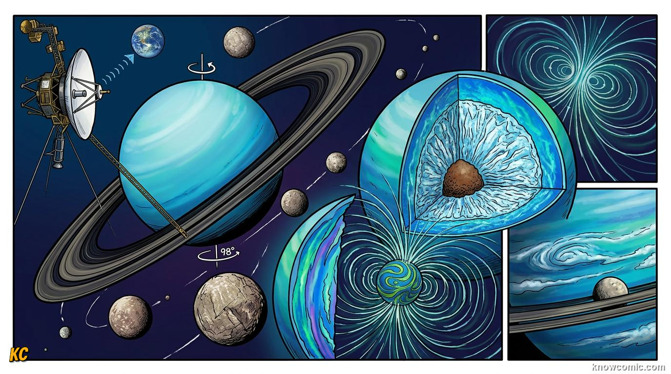 Comic panel about uranus: rolls on its side: Wrap Up, educational kids illustration