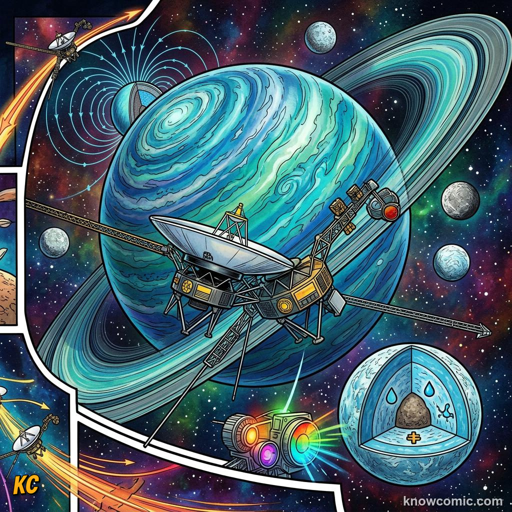 Comic panel about uranus: rolls on its side: The Rolling Ice Giant, Visit, educational kids illustration