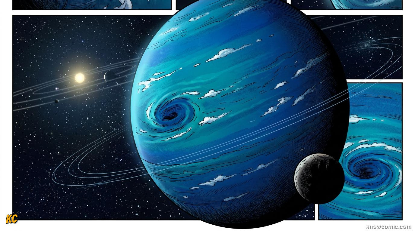 Comic panel about neptune: windy blue world: Last Planet, educational kids illustration